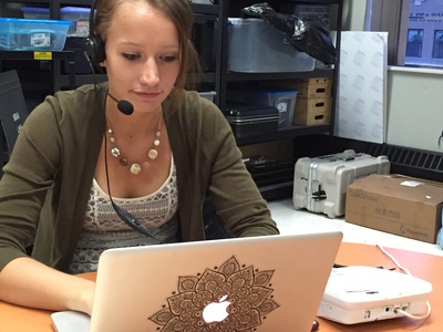 SDSU student takes call in questions at Yeager Media Center during On Call with the Prairie Doc